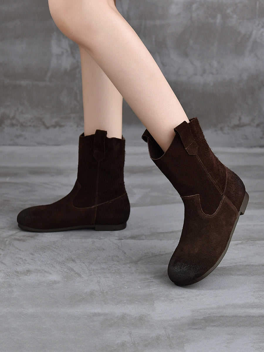 Spliced Low Boots Vintage Women Genuine Leather Heel