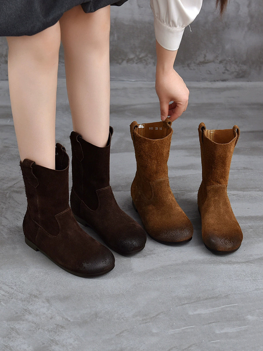 Spliced Low Boots Vintage Women Genuine Leather Heel