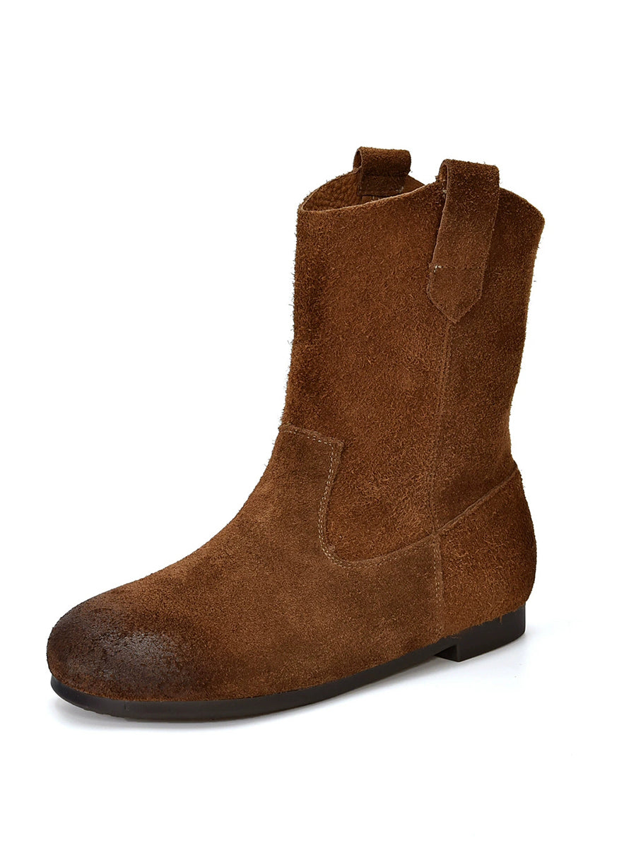 Spliced Low Boots Vintage Women Genuine Leather Heel