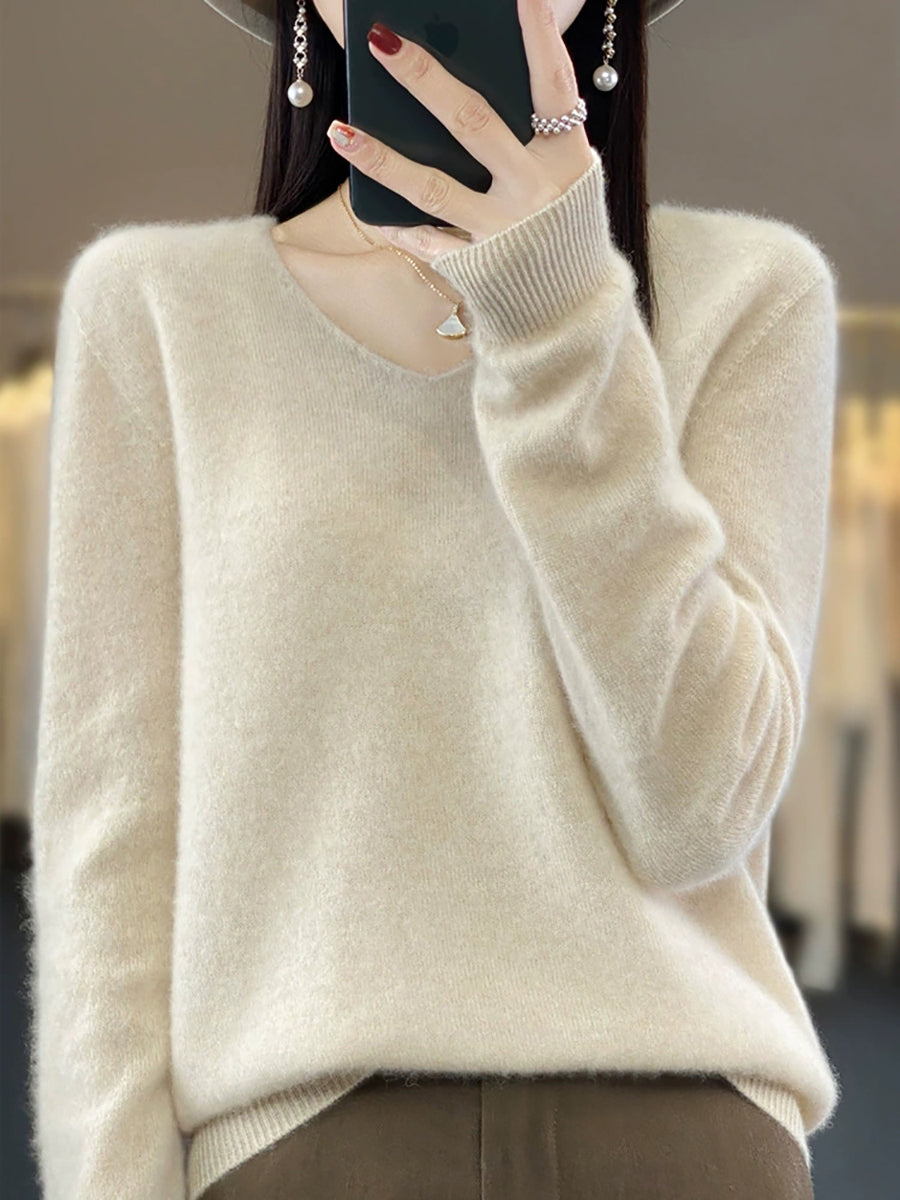 Wool V-Neck Casual Sweater Color Women Autumn Pure