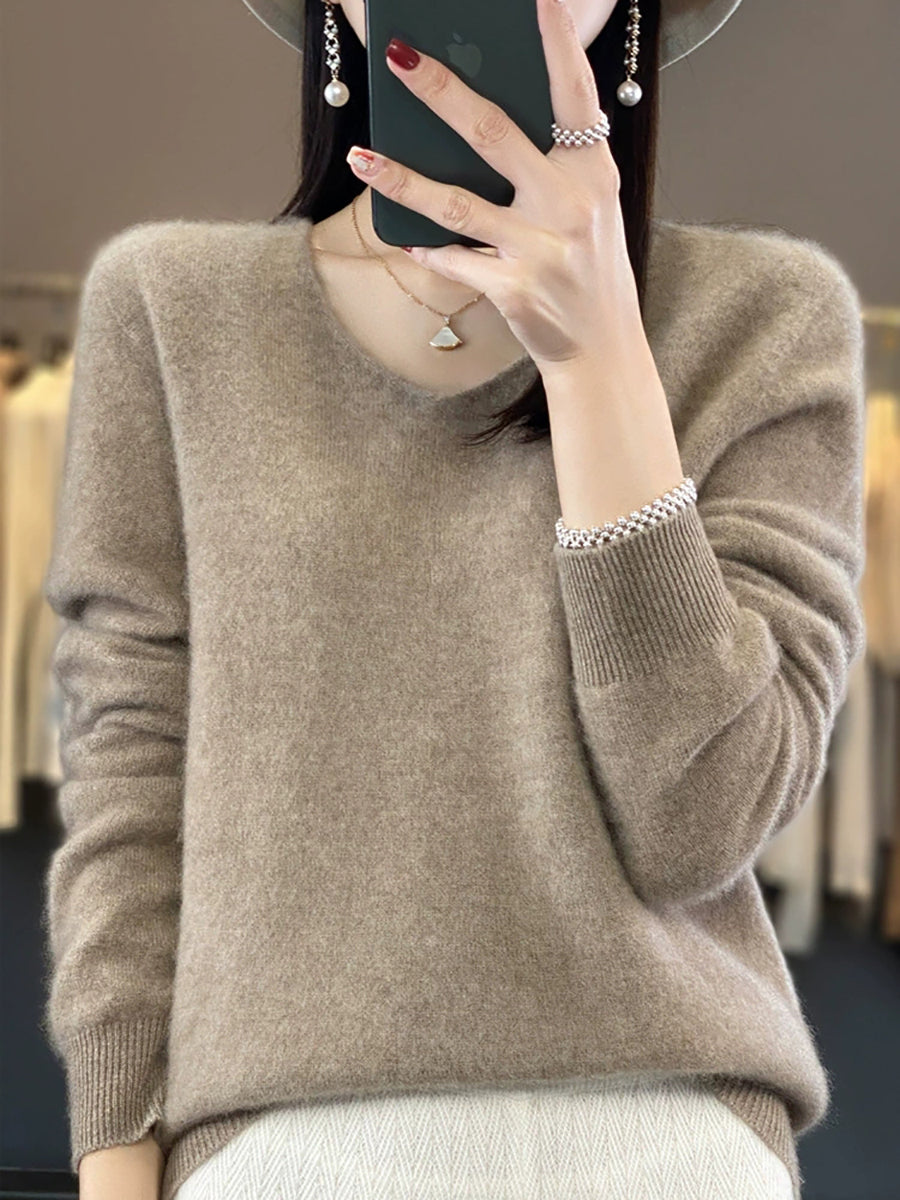 Wool V-Neck Casual Sweater Color Women Autumn Pure
