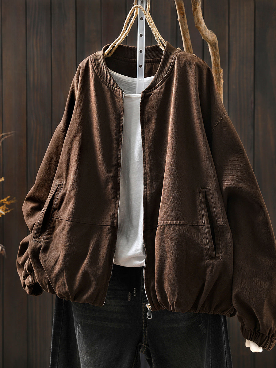Pure Color Jacket O-Neck 100%Cotton Women Autumn