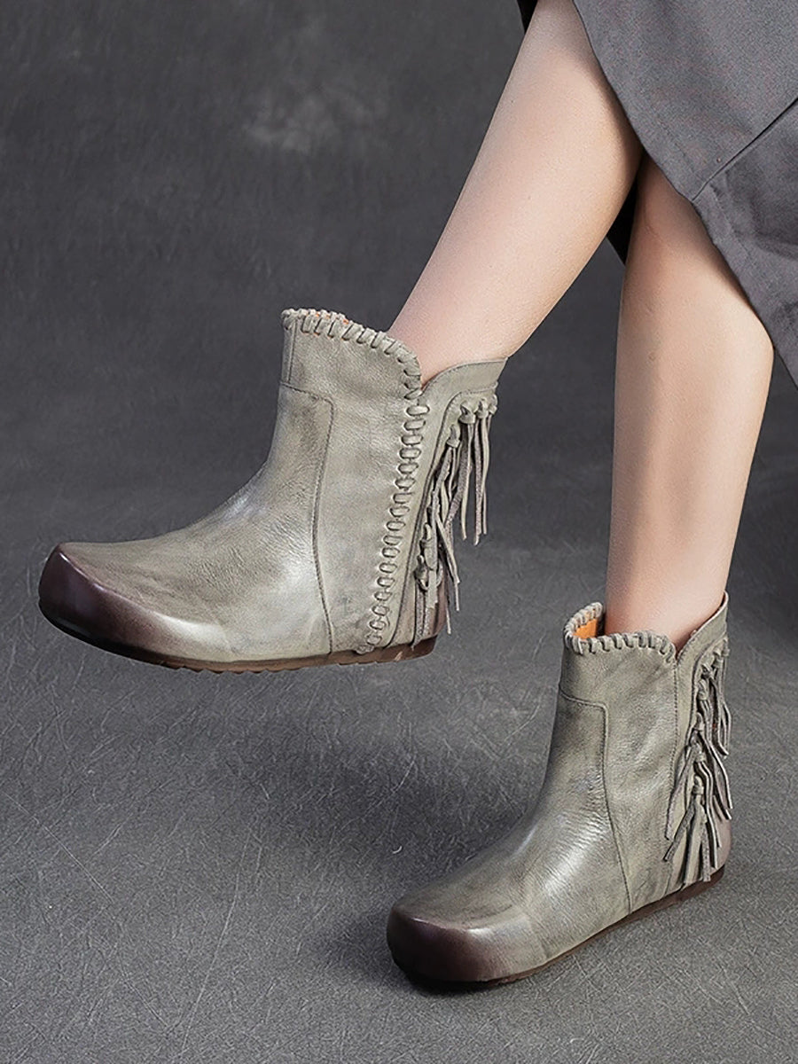 Autumn Leather Tassel Ankle Boots Women Vintage