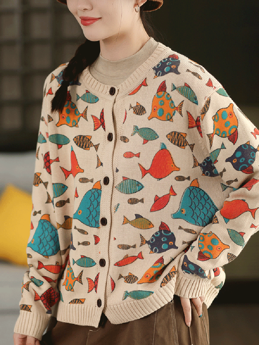 Fish Artsy Autumn O-Neck Sweater Cartoon Women