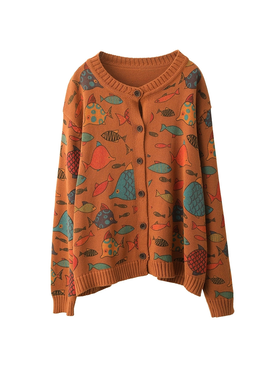 Fish Artsy Autumn O-Neck Sweater Cartoon Women