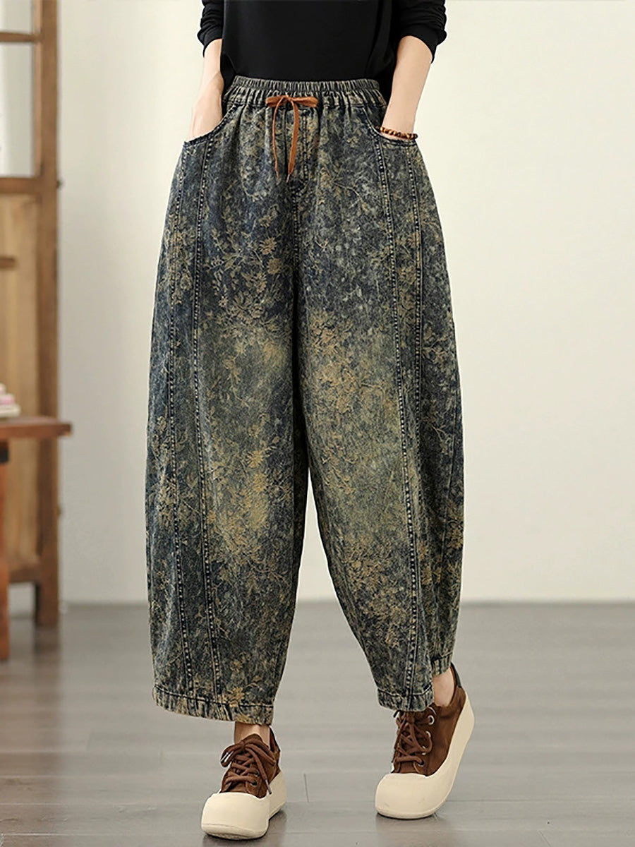 Autumn Flower Women Denim Harem Pants Retro