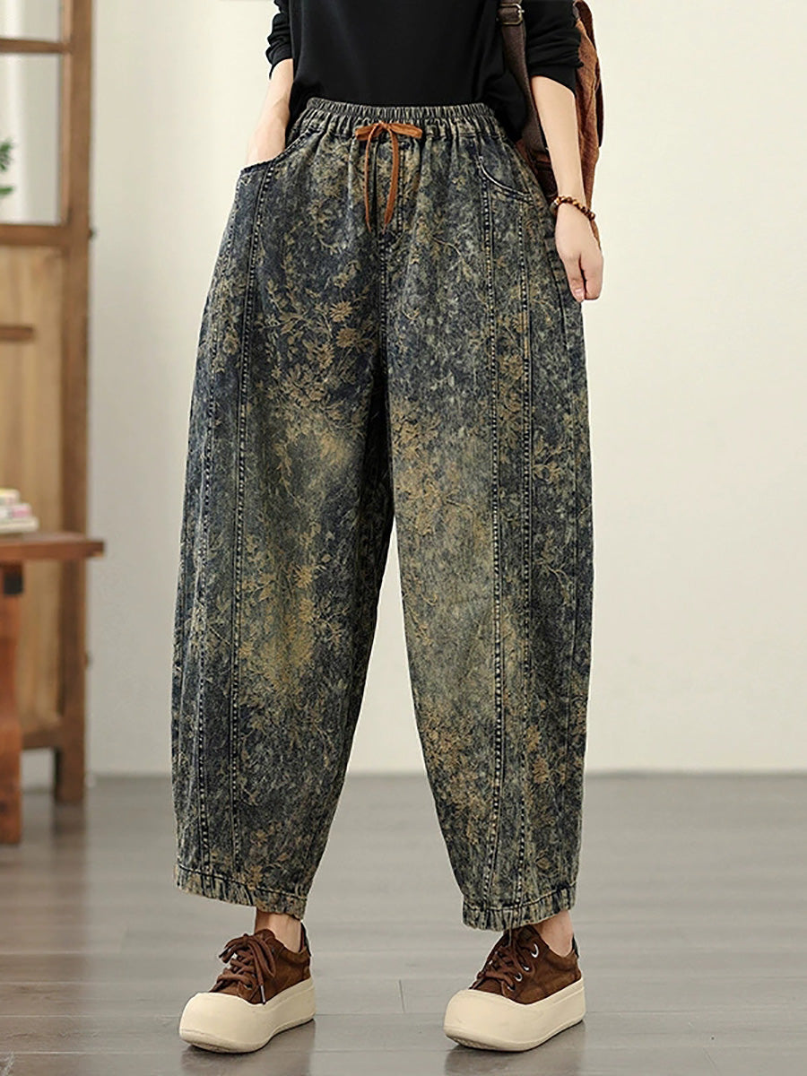Autumn Flower Women Denim Harem Pants Retro