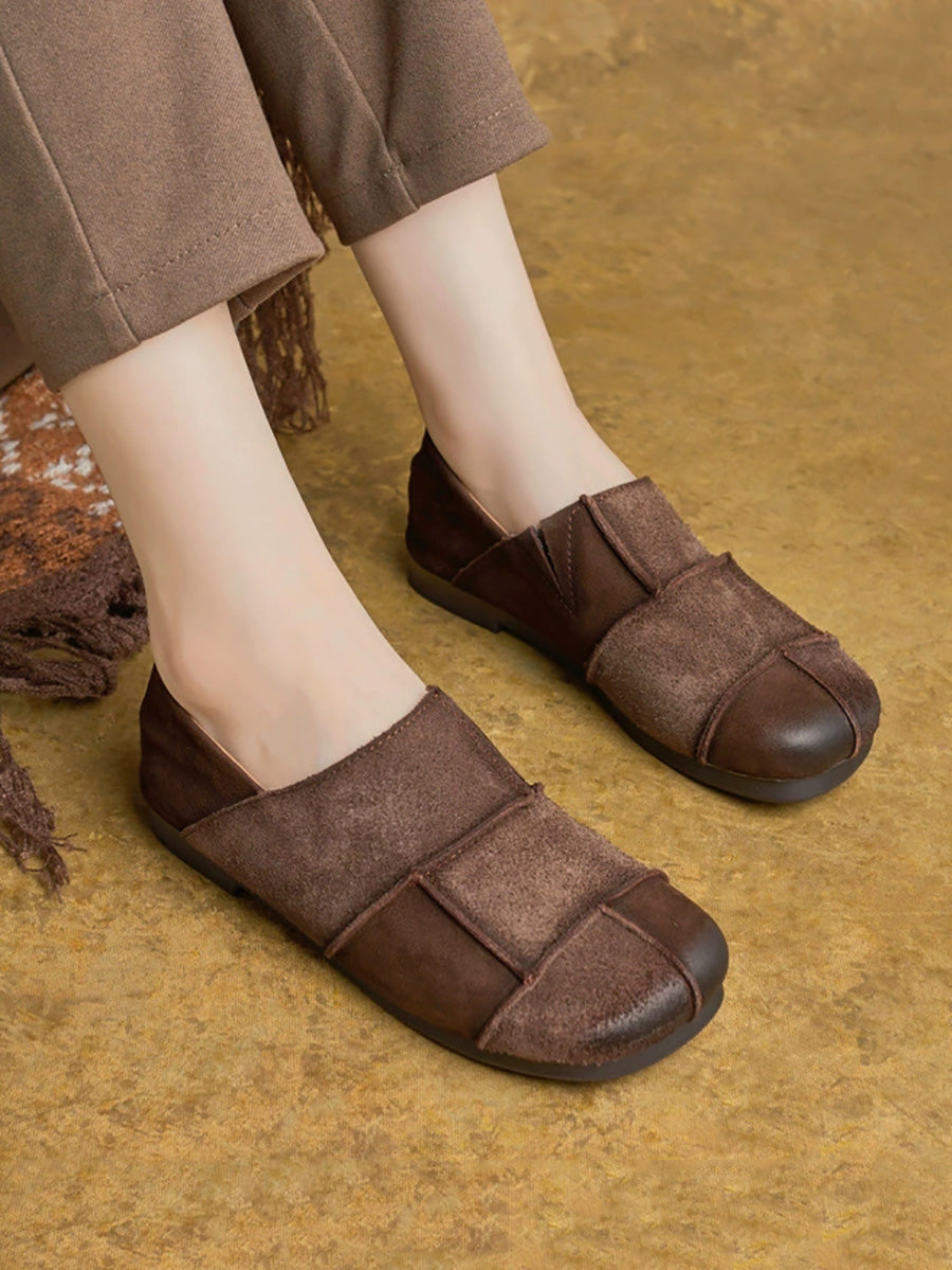 Flat Shoes Leather Vintage Women Autumn Spliced