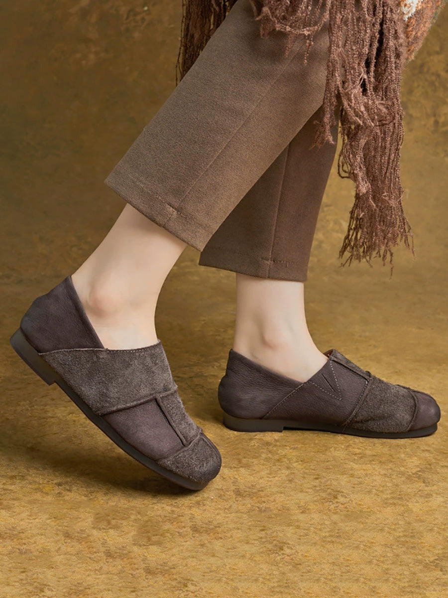Flat Shoes Leather Vintage Women Autumn Spliced