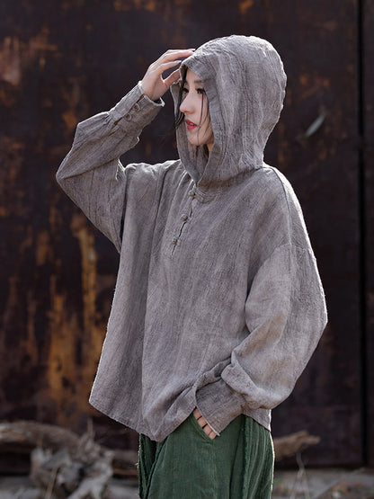 Women Summer Retro Tie-dye Linen Hooded Shirt FG1045