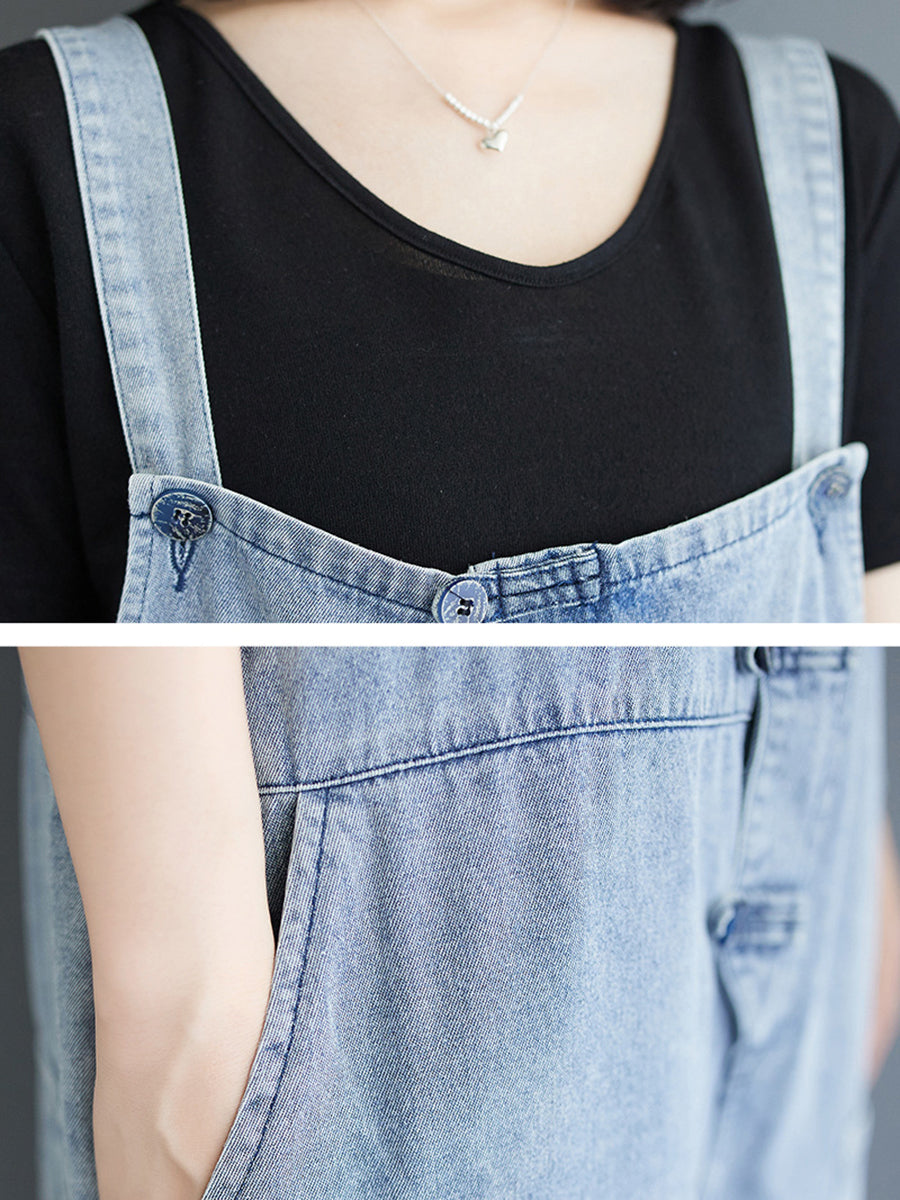 Women Summer Casual Solid Denim Shirred Jumpsuits AT1032