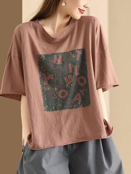 Women Summer Casual Print O-Neck Loose Cotton Shirt ZZ1054