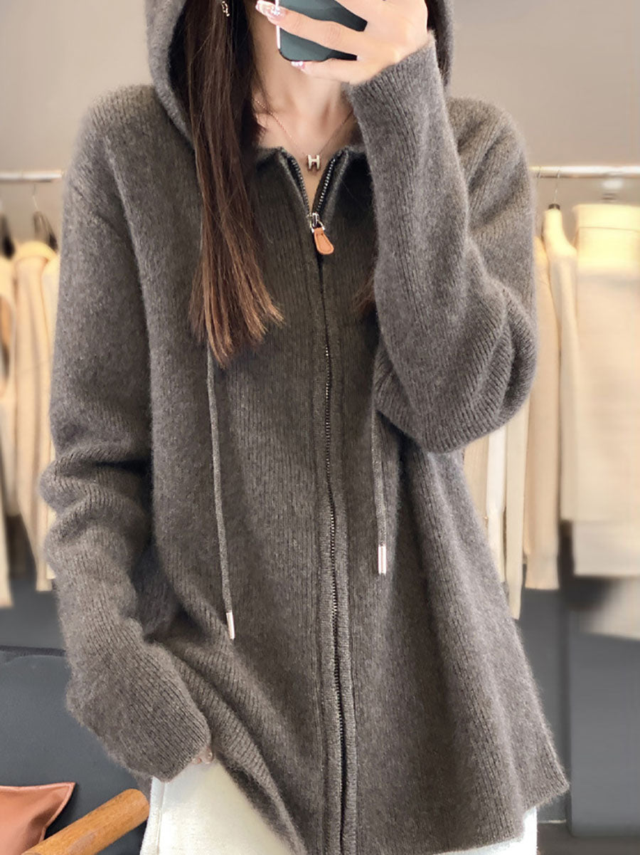 Women Autumn Casual 100%Wool Hooded Cardigan Sweater BA1059