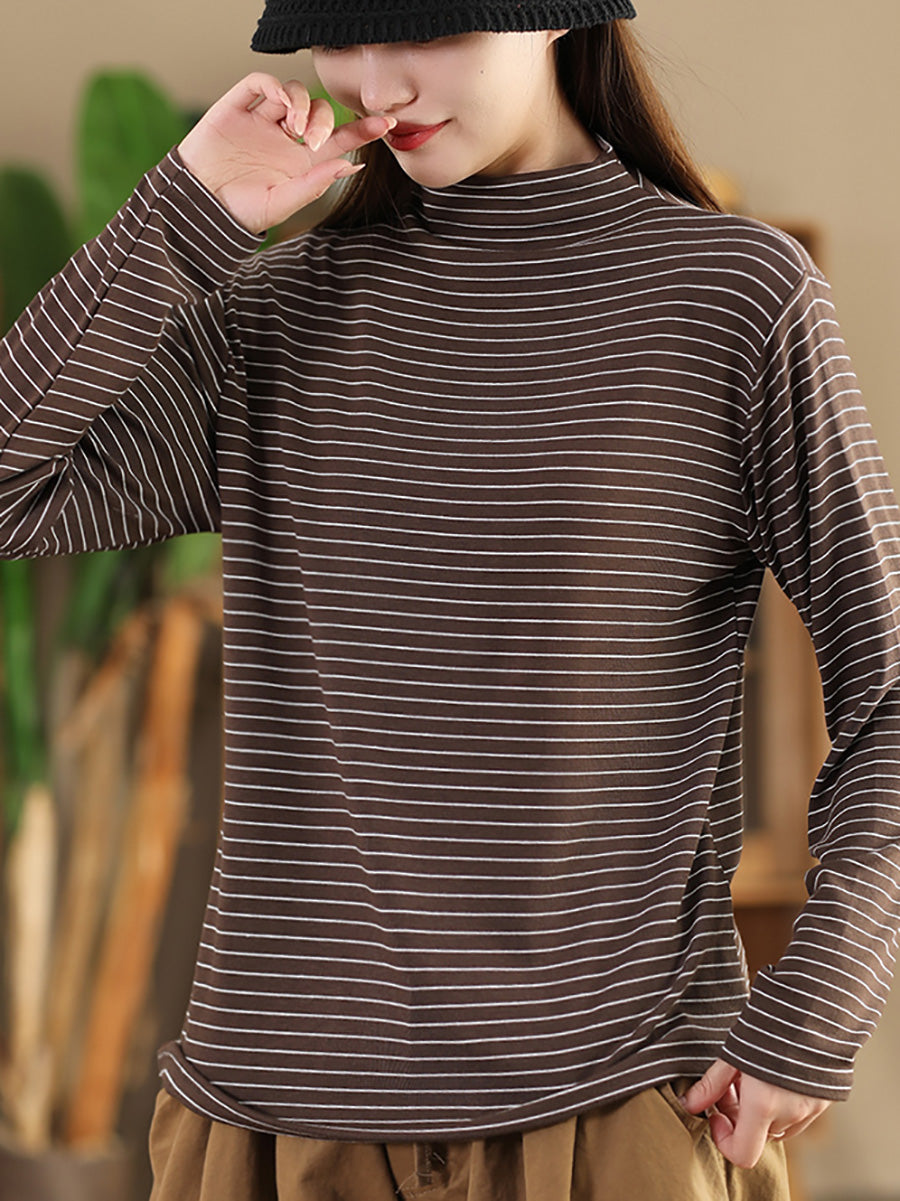 Women Autumn Casual Stripe Half Turtleneck Blouse AI1064