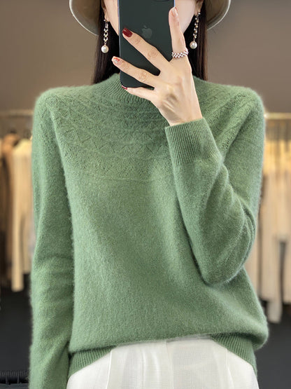 Women Autumn Solid Cable Knit 100%Wool Half Turtleneck Sweater QN017