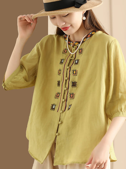 Women Summer Ethnic Embroidery Ramie Shirt BN1039