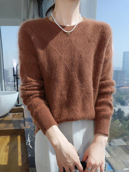 Women Autumn O-Neck Solid Rhomboids Wool Warm Knit Sweater AV1010