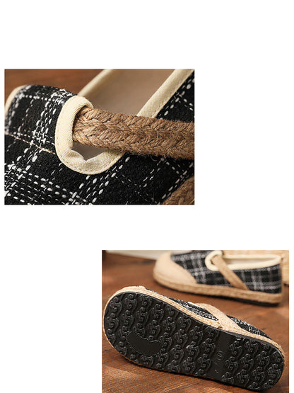 Women Artsy Summer Plaid Linen Spliced Flat Shoes RR007