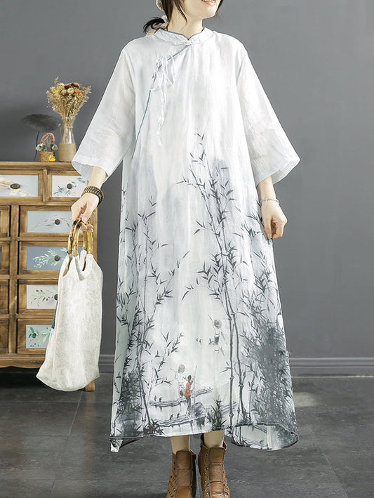 Plus Size Women Summer Bamboo Print Ramie Dress SC1029
