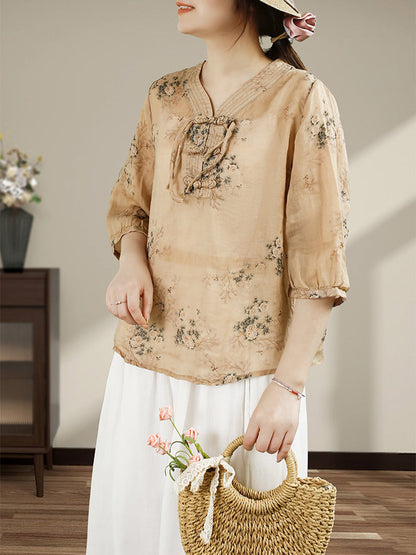 Women Summer Vintage Flower Buckle V-Neck Ramie Shirt HH014