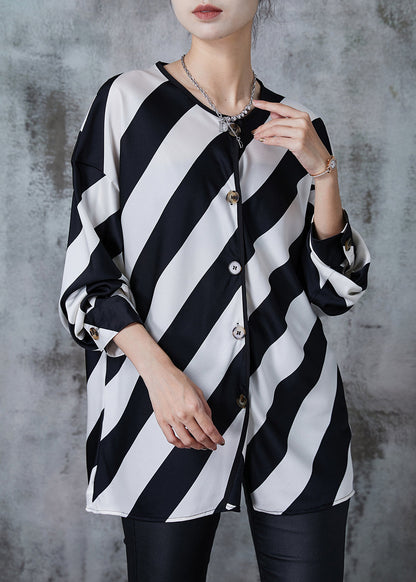 Elegant Black White Striped Oversized Chiffon Shirts Spring QA1023