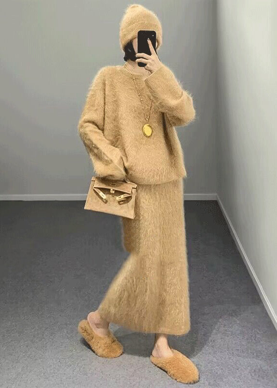 Fashion Khaki O Neck Woolen Two Piece Set Outfits Winter RY003