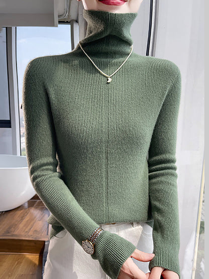 Women Autumn Casual Turtleneck 100%Wool Soft Sweater QU013