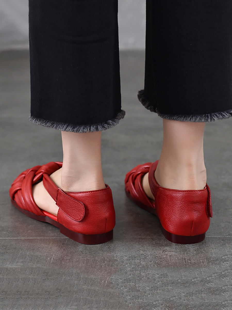 Sommer Leder Flache Retro Frauen Weben Echte Schuhe