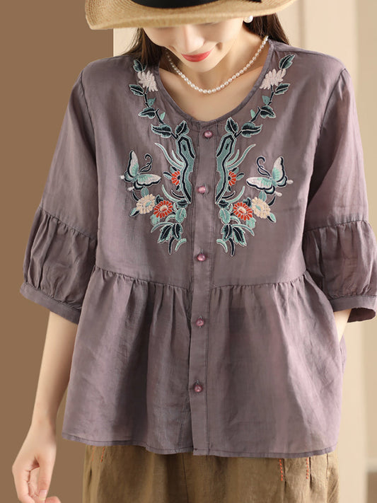 Chemise d'été en ramie avec broderies de fleurs ethniques pour femmes QW1015