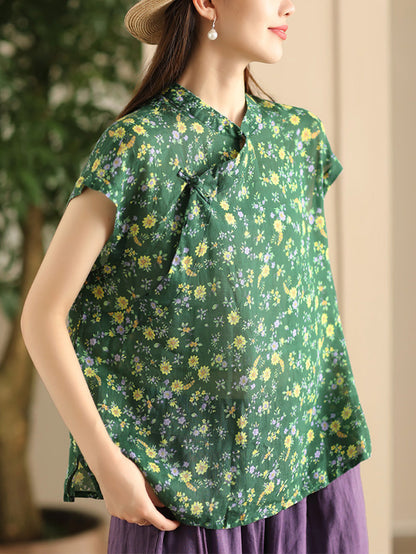 Women Summer Vintage Floral Stand Collar Ramie Shirt FD045