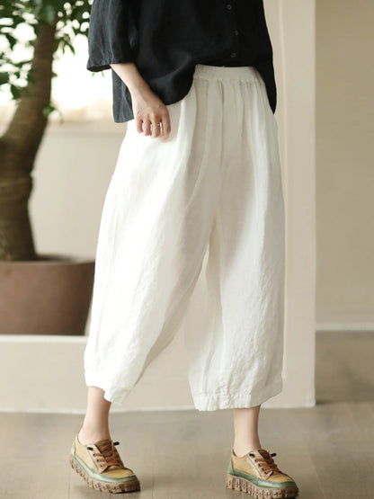 Women Summer Retro Solid Linen Loose Harem Pants FD009