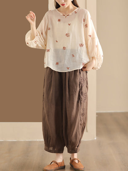 Women Summer Vintage Flower Embroidery Ramie Shirt AA1042