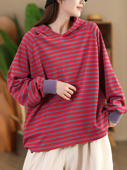 Women Casual Autumn Stripe Colorblock Hooded Sweatshirt AI1025