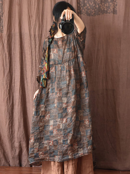 Women Summer Vintage Floral Plaid Loose Ramie Dress OP1008