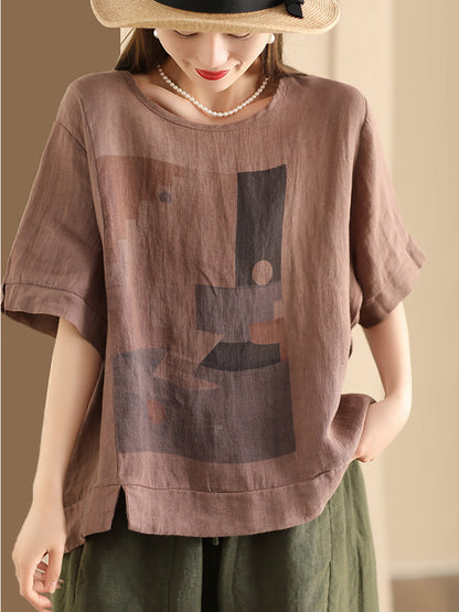 Women Casual  Summer Print O-Neck Linen Shirt WE1028