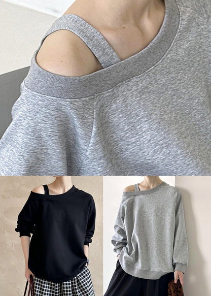 Grey Solid Cotton Top Asymmetrical Long Sleeve AF1078