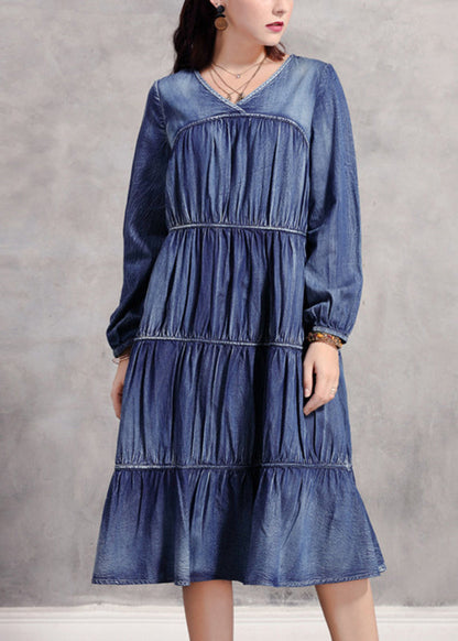 Casual Blue V Neck Wrinkled Patchwork Denim Long Dress Long Sleeve NN018