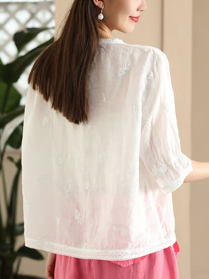 Women Summer Vintage Embroidery Button-up Ramie Shirt CX007