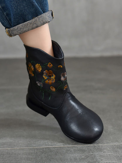 Women Vintage Flower Embroidery Leather Low Heel Boots AX1050