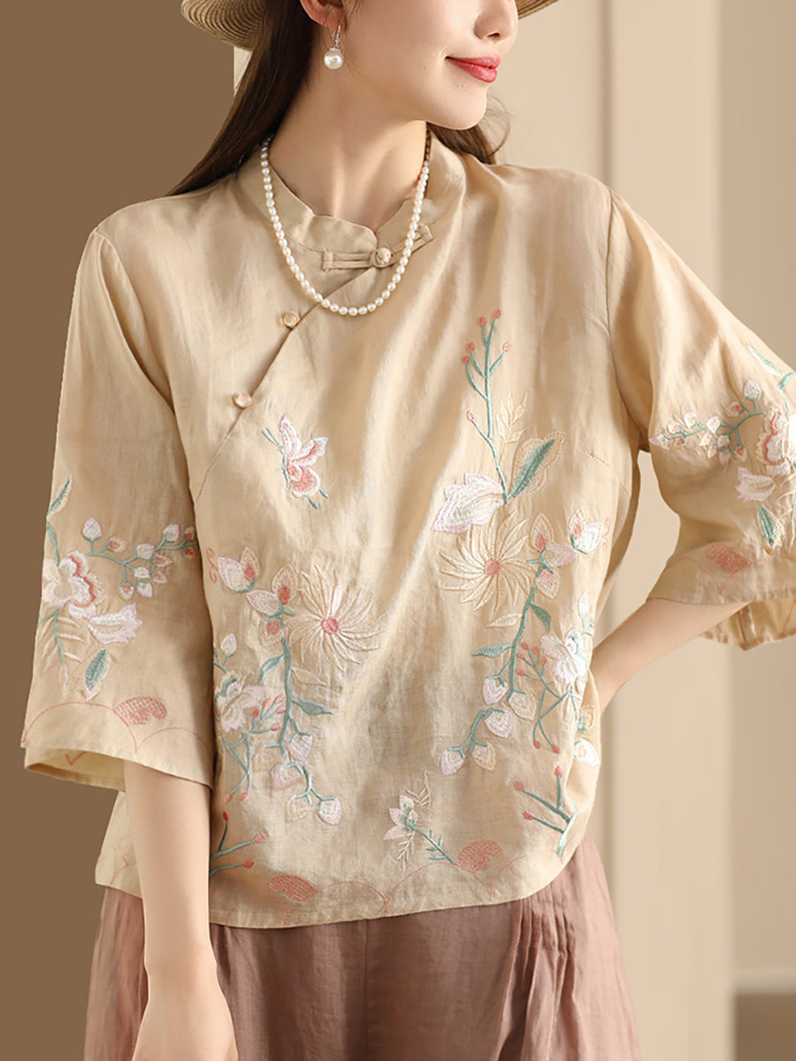 Women Vintage Floral Embroidery Ramie Stand Collar Shirt WE1038