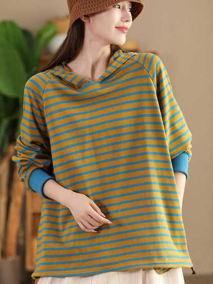 Women Casual Autumn Stripe Colorblock Hooded Sweatshirt AI1025