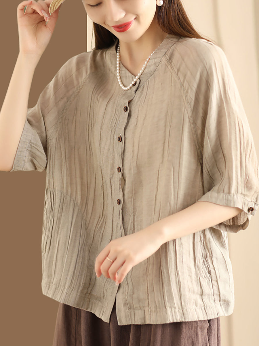 Women Summer Retro Solid Linen Button-up Shirt XX1012