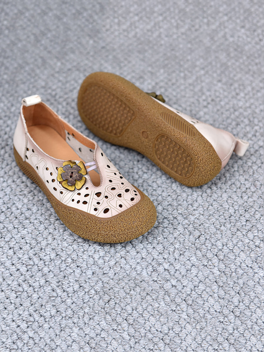 Women Summer Leather Cutout Flower Flat Shoes SC1060