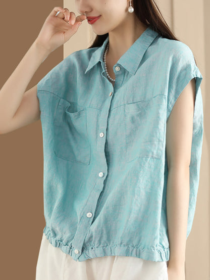 Women Summer Casual Plaid Button-up Linen Shirt HH013