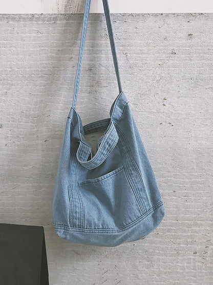 Vintage Solid Denim Spliced Shoulder Bag Handbag OP1038