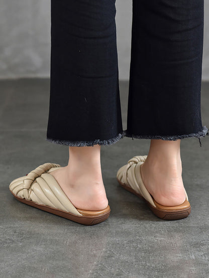 Women Summer Solid Leahter Weave Flat Slippers UI1022