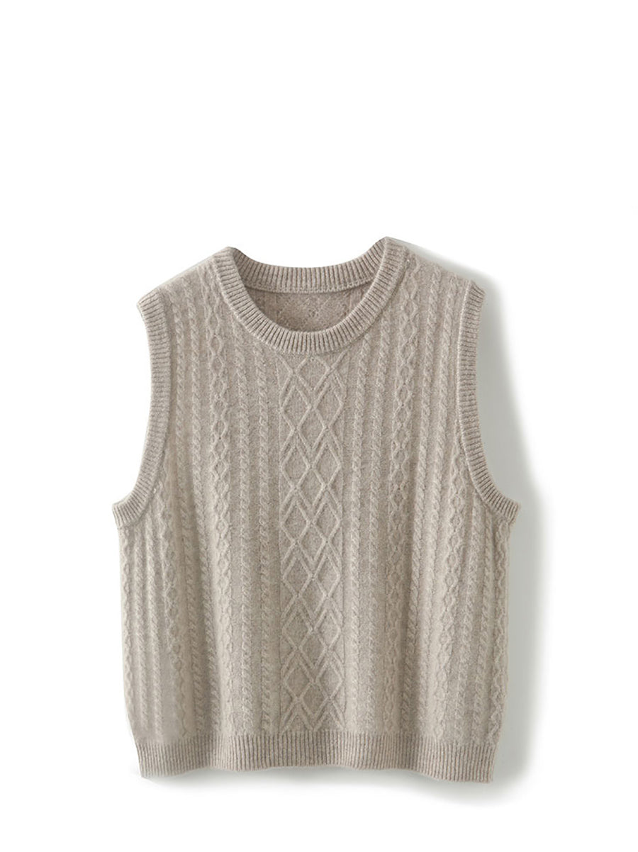 Women Casual Wool O-Neck Twist Knit Vest QU007