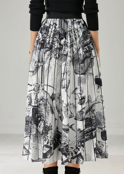 White Print Chiffon Pleated Skirts Elastic Waist Summer AZ1049