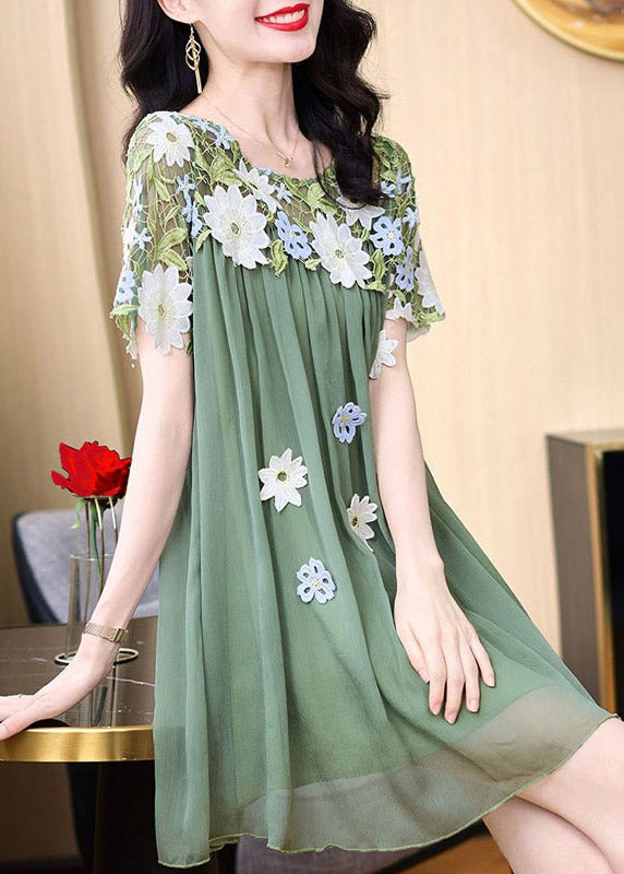 Boho Green O-Neck Embroidered Patchwork Tulle Mid Dresses Short Sleeve AZ1018