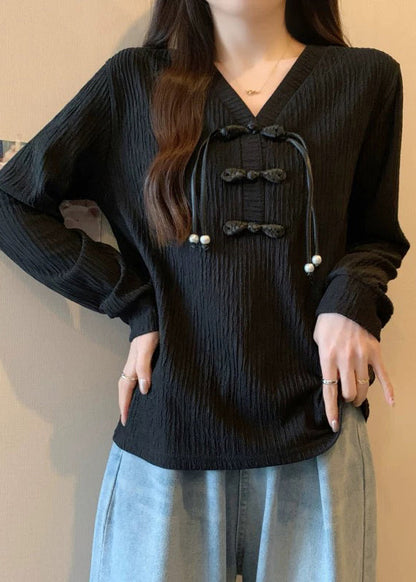 Black Patchwork Cotton Shirt Top V Neck Tassel Fall QC036